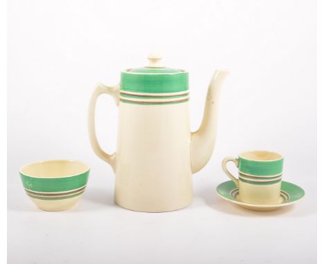 A Clarice Cliff part coffee set, "Bizarre"  with a green banded border, coffee pot, sugar bowl, six cups and saucers.