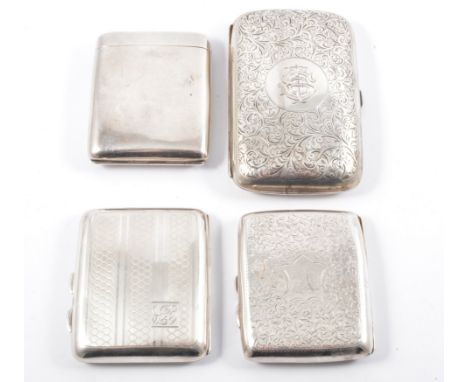 Four silver cigarette/cigar cases, plain 6.5cm x 8.5cm Birmingham 1910, Elkington & Co, engine turnedwith monogrammed inital 