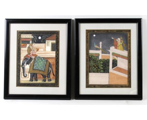 A pair of Mogul silk paintings, one depicting a moonlit elopement by elephant, the other a couple in a moonlit garden, with a