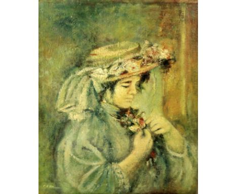 Raymond F. Hall (British, 20th century): portrait of a lady wearing a hat decorated with flowers, carrying a posy of flowers,
