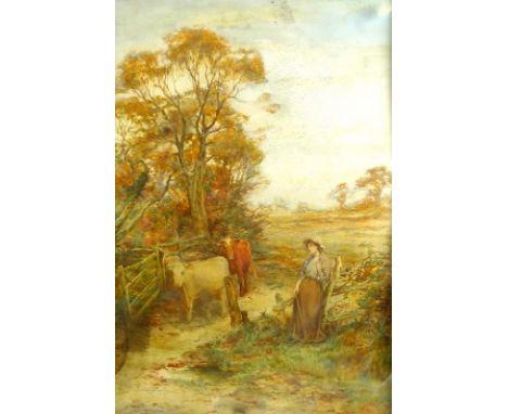 A large 19th century watercolour of a young woman herding two cows through a gate, with trees behind, 51 by 34cm.