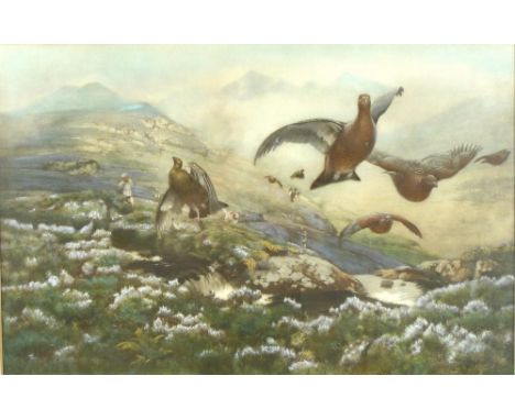 After Alfred Oliver (British,1886-1921): Grouse Flying Over Moorland, lithograph heightened with white, signed on the plate, 