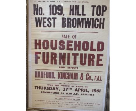 A VINTAGE GILT FRAMED AND GLAZED AUCTION ADVERTISING POSTER - NO.109 HILL TOP WEST BROMWICH SALE OF HOUSEHOLD FURNITURE HARFO
