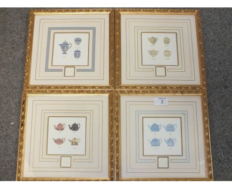 A SET OF FOUR GILT FRAMED AND GLAZED WEDGWOOD JASPERWARE ARCHIVE PRINTS OF TEAPOT DESIGNS SIZE 10CM X 10CM  