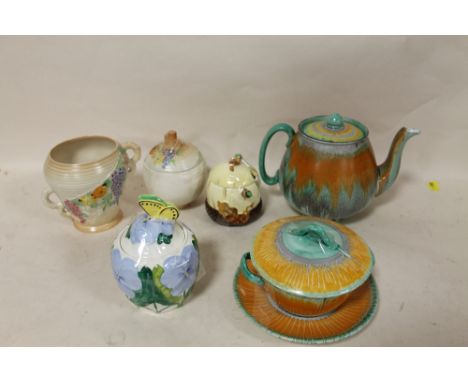 A COLLECTION OF ASSORTED CERAMIC HONEY POTS TO INCLUDE MINTONS AND CARLTON WARE TOGETHER WITH A SHELLEY TEA POT AND LIDDED TW