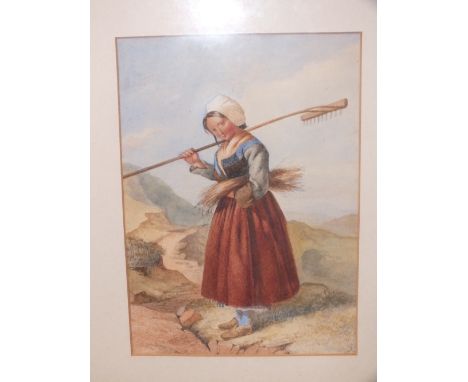 A GILT FRAMED AND GLAZED WATERCOLOUR FULL LENGTH PORTRAIT OF A LADY GATHERING CORN INDISTINCTLY SIGNED IN PENCIL LOWER RIGHT 