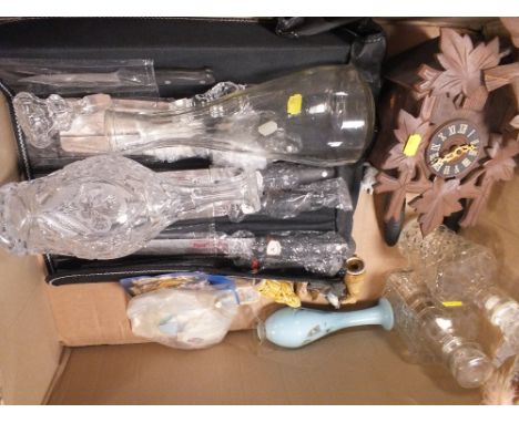 A BOX OF COLLECTABLES TO INCLUDE A CUCKOO CLOCK, GLASS DECANTERS, CHEFS KNIVES ETC. 