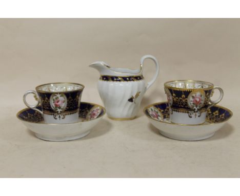 TWO ANTIQUE BLUE AND GILT FLORAL PATTERN WORCESTER CHAMBERLAIN NEW BOND STREET LONDON ROYAL PORCELAIN CUPS AND SAUCERS, TOGET