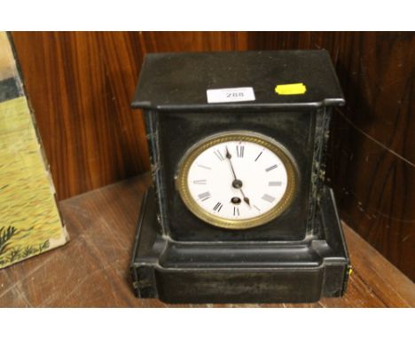 A SLATE MANTEL CLOCK, NO GLASS, WORKING CAPACITY UNKNOWN