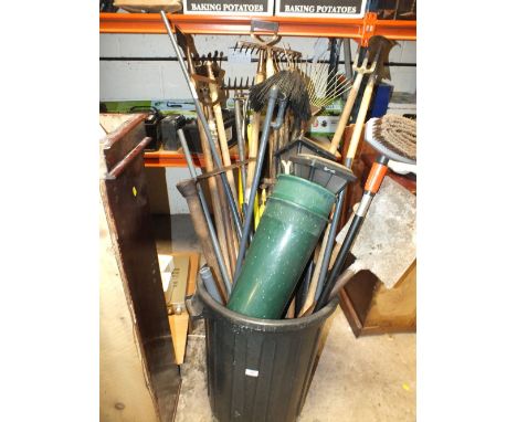 A BIN OF GARDEN TOOLS ETC