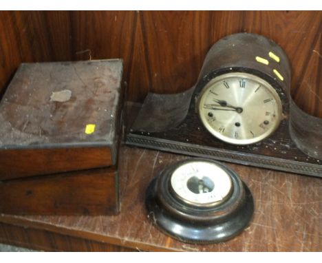 A VINTAGE WRITING SLOPE, A SHORT MASON BAROMETER AND A NAPOLEON HAT MANTEL CLOCK (3)