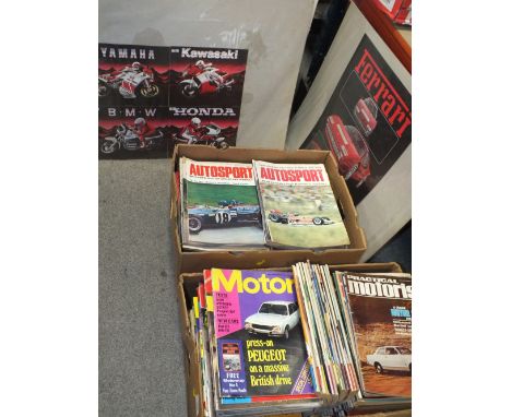 TWO BOXES OF VINTAGE MOTOR SPORT MAGAZINES TOGETHER WITH A COLLECTION OF UNFRAMED FERRARI AND OTHER POSTERS