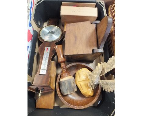 A TRAY OF ASSORTED TREEN COLLECTABLES TO INCLUDE A MAHOGANY BAROMETER, CARVED FIGURE OF AN EAGLE ETC. 