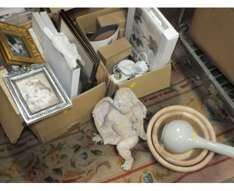 A COLLECTION OF MODERN S.I.A. COLLECTION PICTURE FRAMES TOGETHER WITH A BOX OF MODERN COLLECTABLES TO INCLUDE AN AMAZON ECHO 