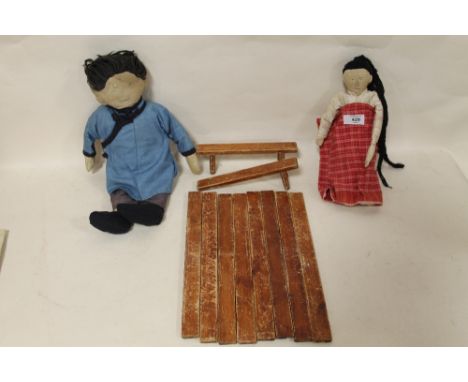 TWO VINTAGE ORIENTAL STYLE DOLLS TOGETHER WITH A WOODEN STICK GAME A/F 