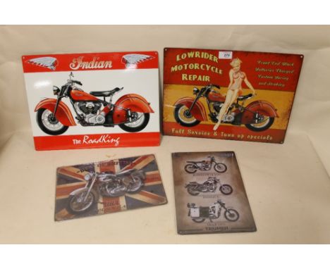 FOUR REPRODUCTION ENAMEL MOTORCYCLE SIGNS TO INCLUDE INDIAN ROAD KING, TRIUMPH AND BSA