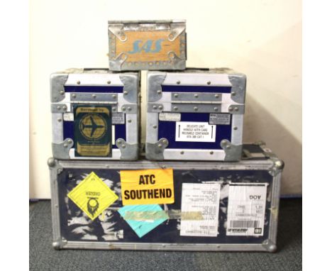 Four vintage onboard aircraft containers, largest 62 x 23 x 27cm.
