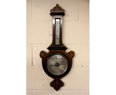 An Edwardian inlaid mahogany barometer and thermometer, H. 84cm.