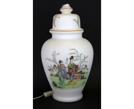 A Chinese milk glass jar and cover converted into a table lamp, H. 45cm.