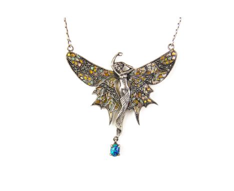 A 925 silver plique a jour enamel and opal Art Nouveau style necklace, wing span 6cm.