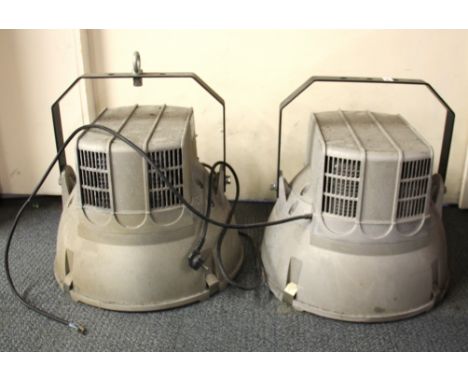 A pair of vintage industrial ceiling lights from the Laker Airlines hanger at Southend airport, Dia. 50cm, H. 50cm.