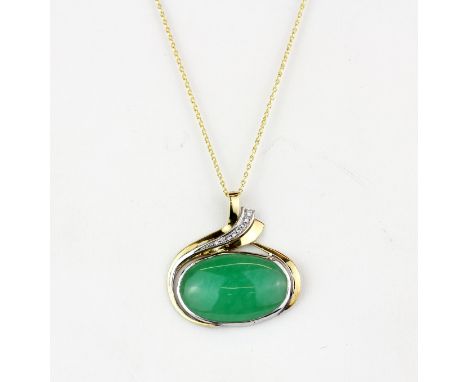A yellow and white metal (tested 18ct gold) pendant set with cabochon cut jade and diamonds on a 9ct yellow gold chain, L. 3.