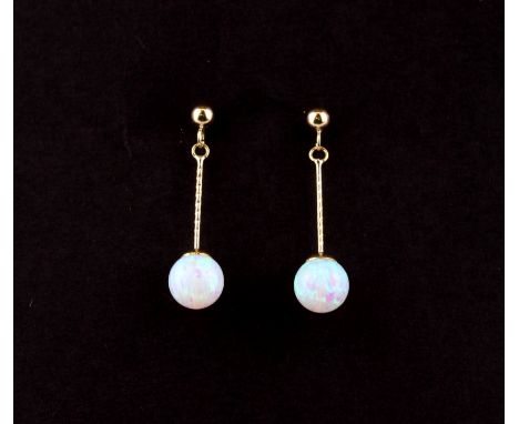 A pair of 9ct yellow gold opal set drop earrings, L. 2.5cm.