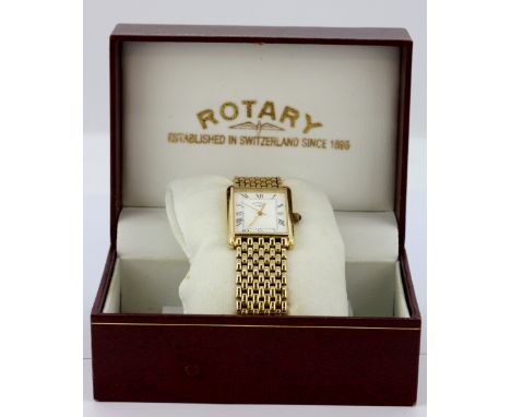 A boxed gentleman's 9ct yellow gold (stamped 9k) Rotary wrist watch with sapphire set winder, approx. 45.5gr.