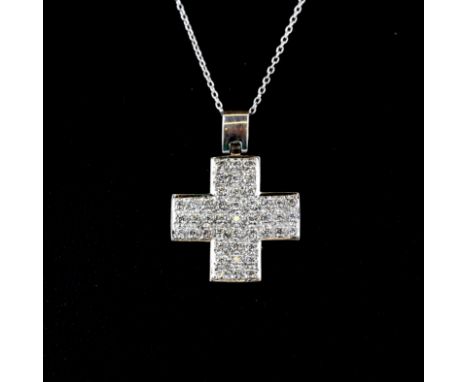 An 18ct white gold diamond set cross pendant and chain, L. 3cm.