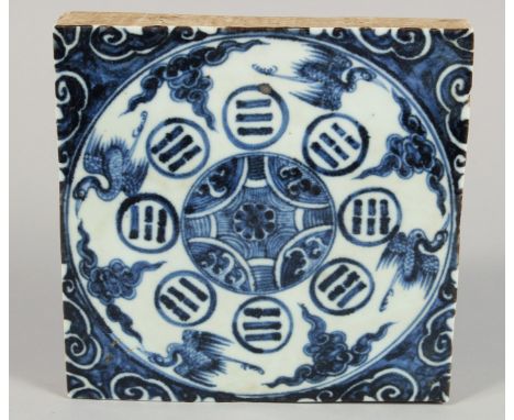 A CHINESE BLUE AND WHITE PORCELAIN GLAZED TEMPLE TILE decorated with cranes in flight and various motifs. 19.5cm square