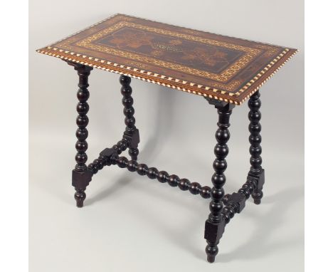 A FINE HISPANO MORESQUE BONE INLAID MARQUETRY TABLE, the rectangular top supported on four bobbin turned legs united by a mat