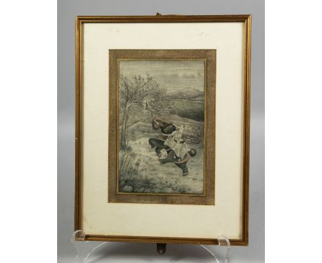 A GOOD INDIAN MINIATURE PORTRAIT ON PAPER depicting a figure riding an elephant in a landscape scene, framed and glazed. Imag