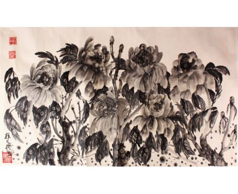 A CHINESE PAINTING OF FLORAL DECORATION - HUANG ZHOU - the scroll section painted with inkwork / painted flowers on paper, wi