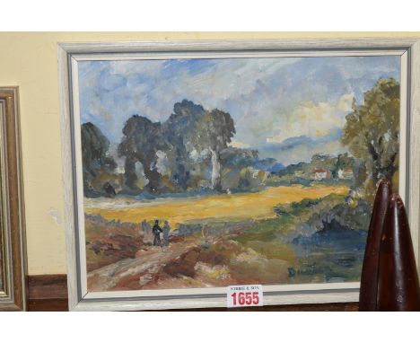 R O Dunlop, figures in a landscape, signed, oil on board, 19.5 x 27cm. 