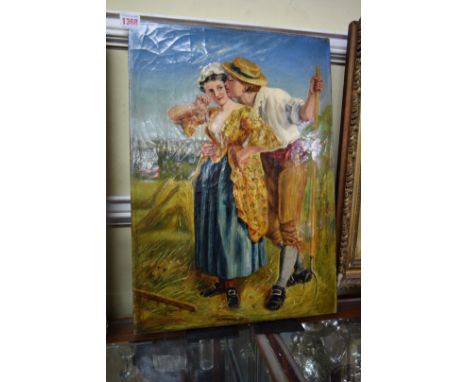 J E Campbell, two figures in a hayfield, signed and dated 1875, oil on canvas, 51 x 35.5cm, unframed. 