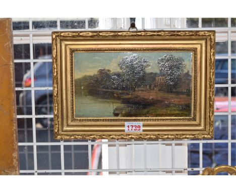 English School, 19th century, figures in a river landscape, oil on board, 11.5 x 21cm.