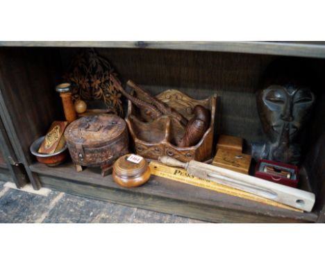 A mixed lot of treen, to include an inlaid book form snuff box; and a 'Polemoscope'.