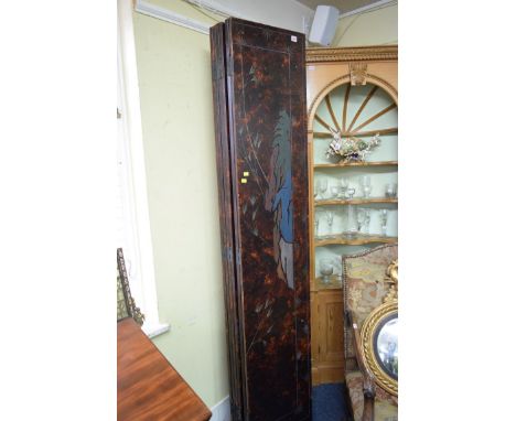 An Oriental six fold screen, carved with a continuous scene of figures in landscapes with pagodas, each panel 213 x 40.5cm. 