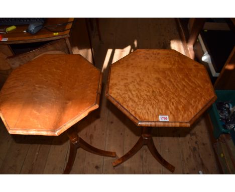 A pair of birdseye maple octagonal tripod occasional tables, 43cm wide. 