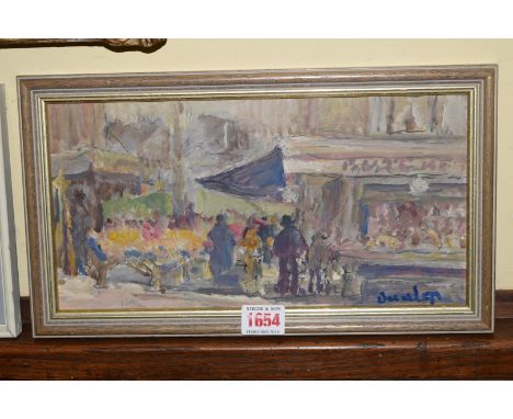 R O Dunlop, market scene with figures, signed, oil on board, 15 x 29.5cm.  Condition Report: This oil is in good clean order 