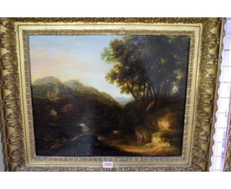 Continental School, late 18th/early 19th century, figures in landscapes, a pair, unsigned, oil on panel, 38 x 47.5cm. (2)