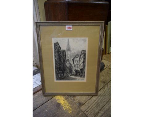 Ursula Dunlop, 'Old Covent Garden', signed, oil on canvas, 24 x 33.5cm; together with an engraving of Rouen; and another wate