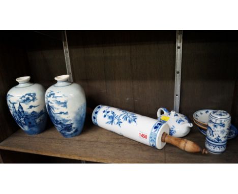 A small quantity of blue and white china, to include: an onion pattern rolling pin. 