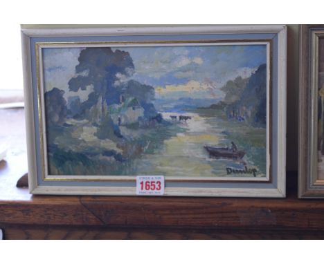 R O Dunlop, 'Evening Scene, Pulborough', signed, inscribed with title verso, oil on board, 14.5 x 24.5cm. 