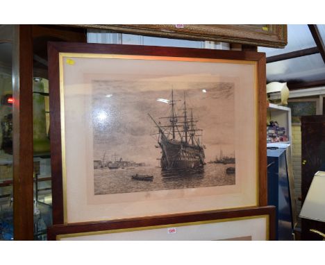 C Holloway, 'HMS Victory', signed in pencil, etching, pl.52 x 65cm; together with another pencil signed engraving of 'The Mon