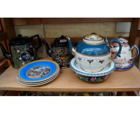 Three Victorian Pratt ware plates, including: 'Lend a Bite' and 'The Village Wedding'; together with a Burleigh ware Japonica