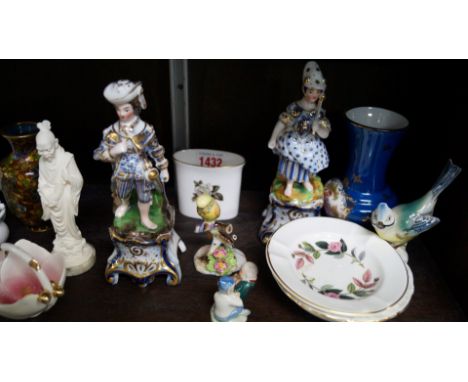 A mixed lot of ceramics, to include: a Royal Crown Derby Imari trio; a moustache cup and saucer; figures etc.  Condition Repo