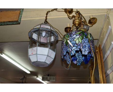 A Tiffany style coloured glass ceiling light; together with a brass three branch ceiling light; and another marble glass lant