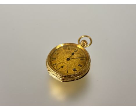 A lady's 18ct gold open-face fob watch, c. 1900, the engine-turned gilt face with Roman numerals and a subsidiary dial, in a 