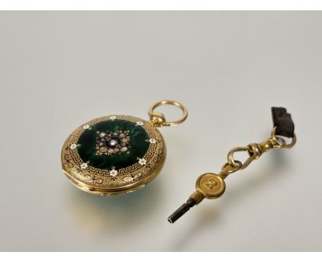 A Swiss lady's enamelled and diamond-set 18ct gold full hunter fob watch, late 19th century, the white enamel dial with Roman